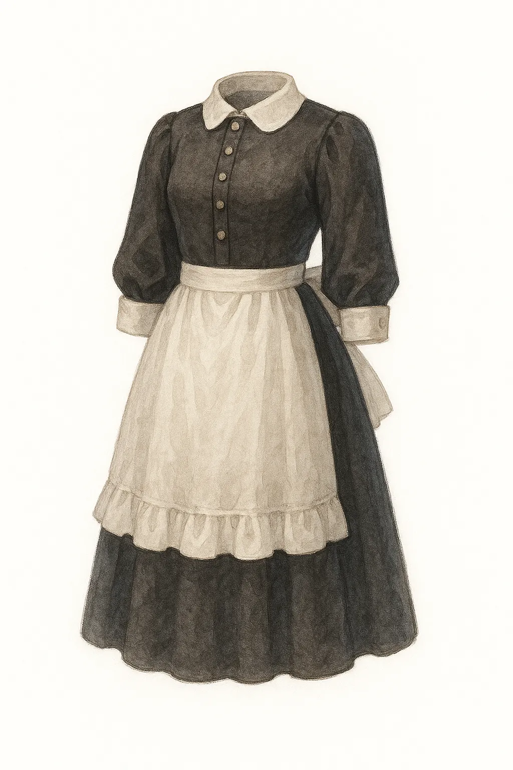 おしゃれセミリアルでかわいいクラシックメイド服｜黒を基調にしたクラシックスタイルのメイド服は、上品なロング丈としっかりしたカフスが特徴。繊細なタッチで描かれたレースと光の陰影が、落ち着いた優雅さを引き立てています。