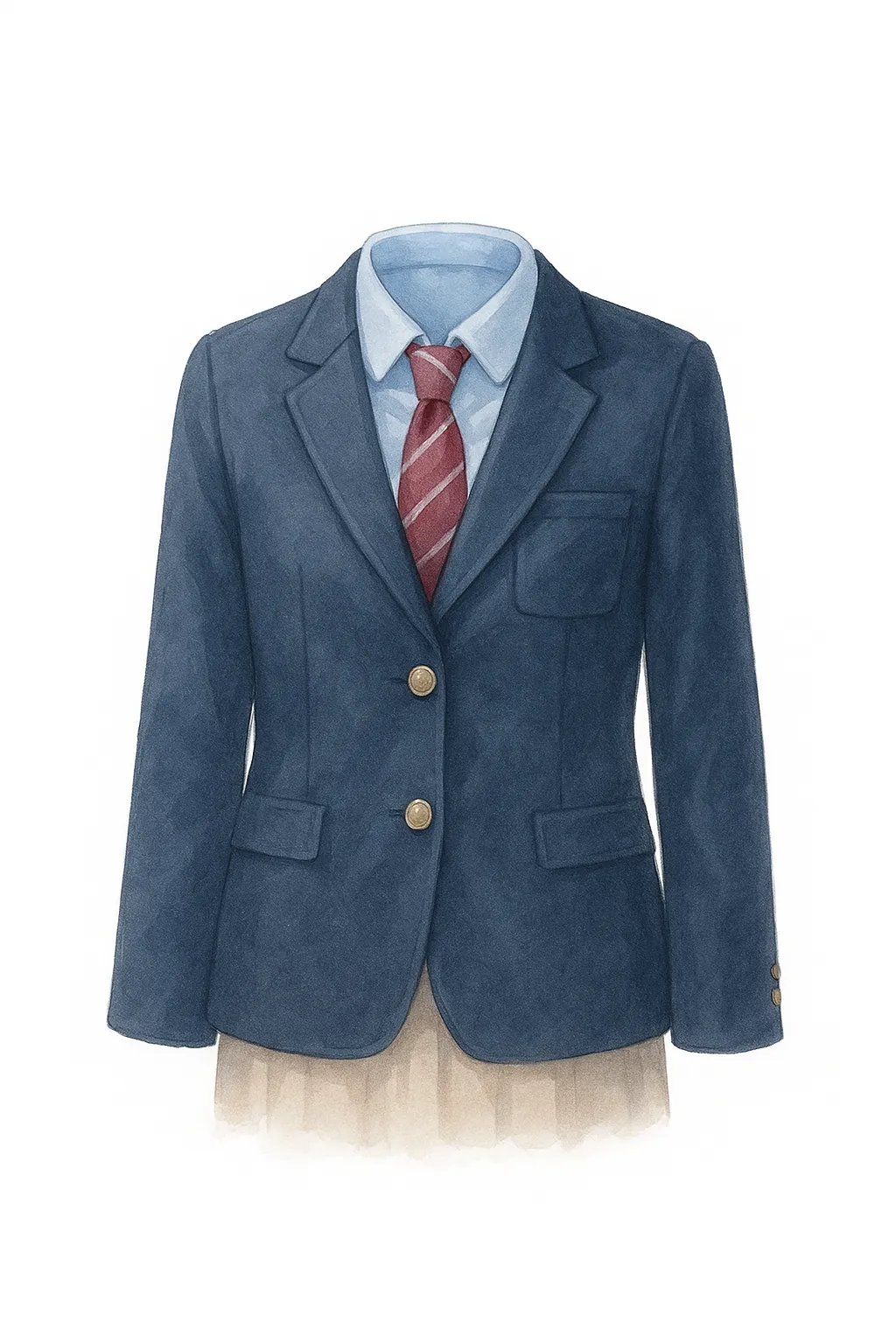 おしゃれセミリアルでかわいいブレザー制服｜濃紺のブレザーに映える金ボタンや胸ポケットが特徴的な制服です。シャツやネクタイの柔らかな質感と立体的な陰影が、上品で知的な雰囲気を演出。制服シーンのポイント使いにぴったりの一枚です。