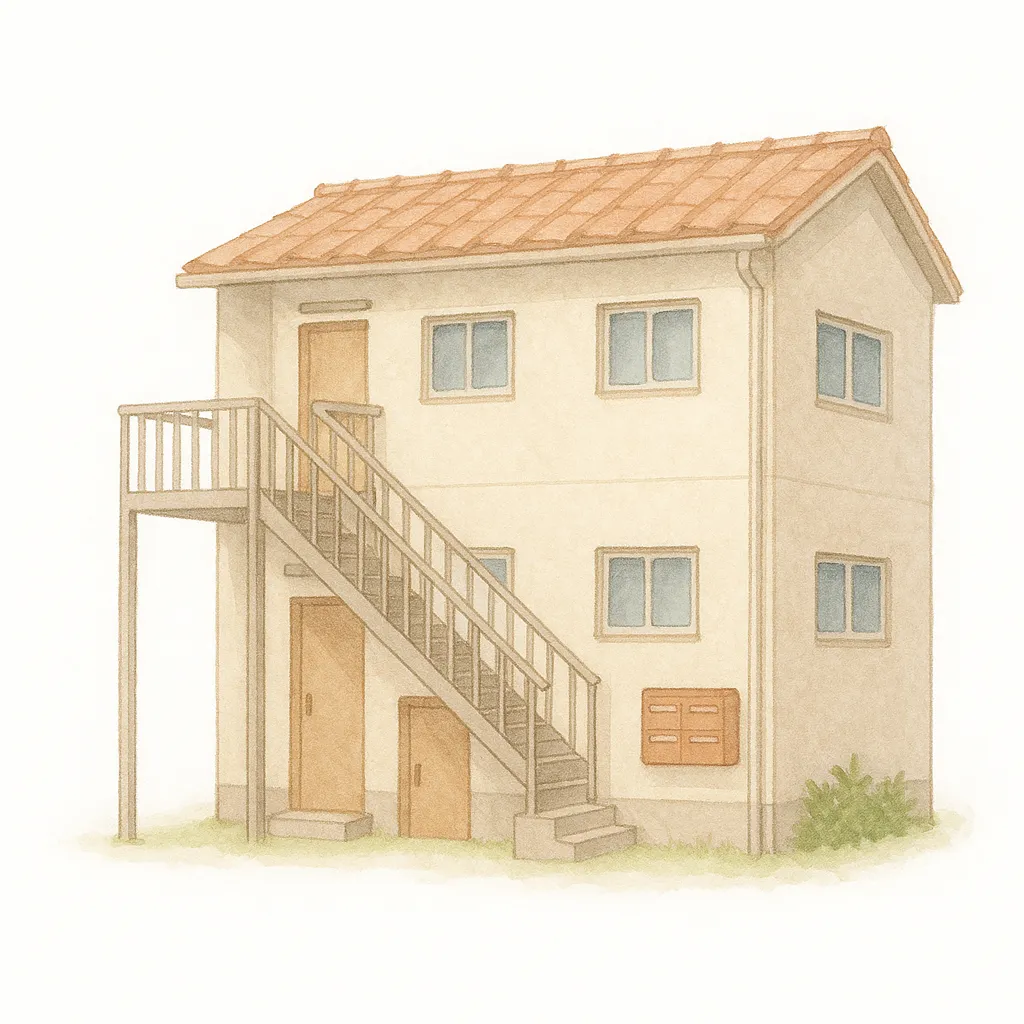 おしゃれセミリアルでかわいいアパート｜小さな2階建てのアパートが、白背景に映えるやさしい色調で描かれています。外階段や郵便ポストなど生活感あるディテールが、落ち着いた日常の雰囲気を演出します。