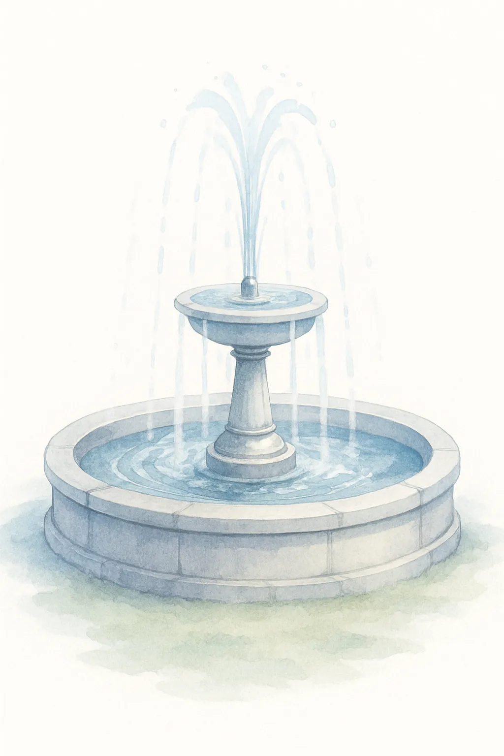 おしゃれセミリアルでかわいい噴水｜中央に丸い水盤と涼やかな水しぶきが描かれた噴水を、繊細な水彩タッチで構成。グレーと青の透明感ある配色が、静けさと爽やかさを演出するアクセントになります。