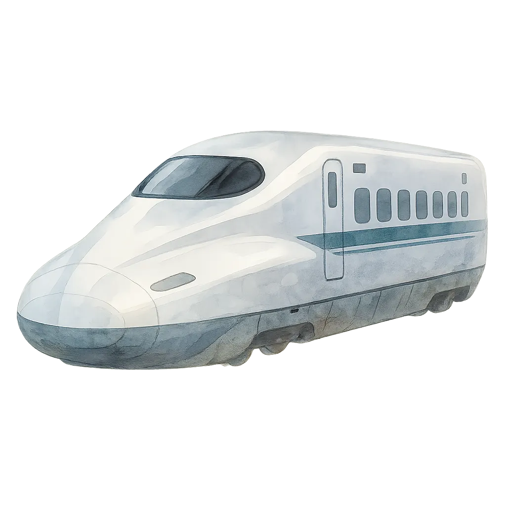 おしゃれセミリアルでかわいい新幹線｜流線型のスマートな車体が印象的な新幹線を、水彩風のやわらかな陰影と色合いで表現。速さと清潔感が伝わる、近未来的な移動の象徴です。