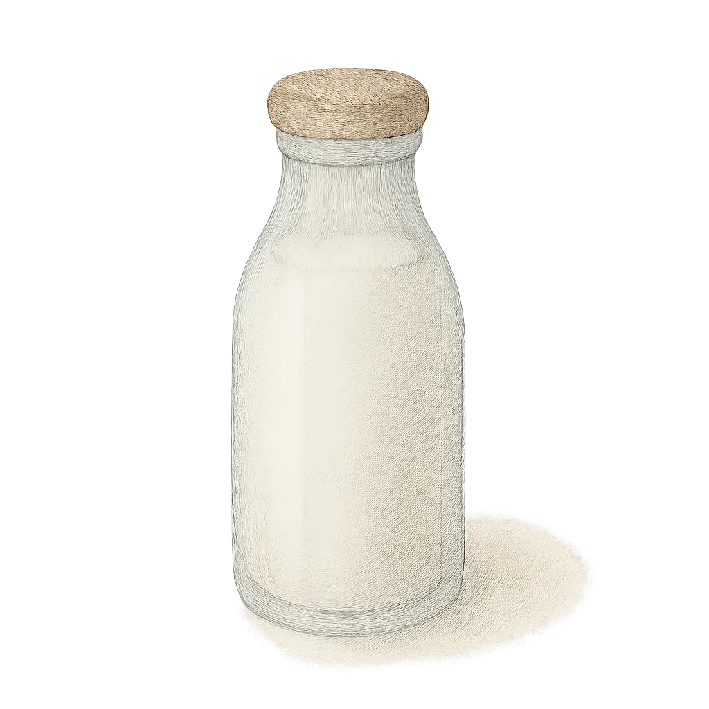 おしゃれセミリアルでかわいい牛乳瓶｜懐かしいフォルムの牛乳瓶に満たされた白いミルクが、自然な光の中でやわらかに浮かび上がります。繊細なタッチと陰影が瓶の厚みや質感を丁寧に表現し、清涼で温かみのある仕上がりになっています。