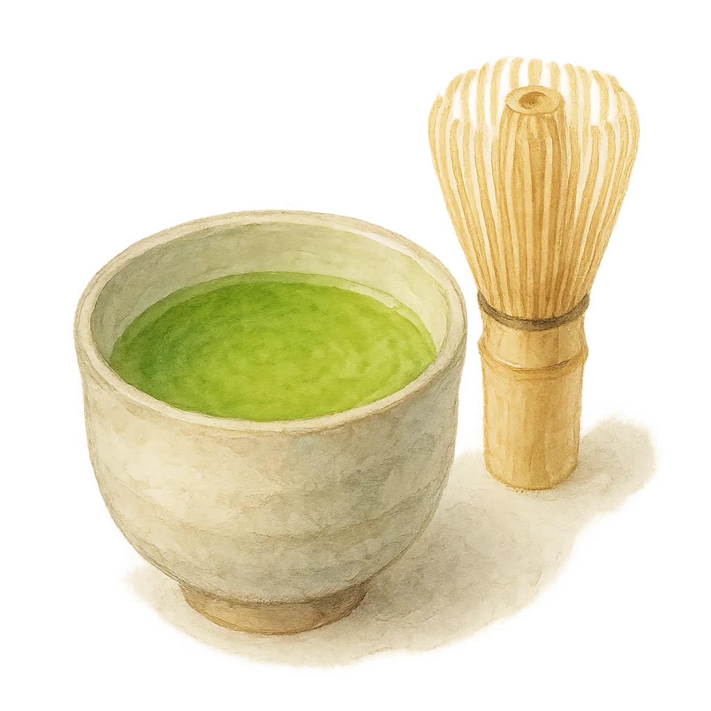 おしゃれセミリアルでかわいい抹茶と茶筅｜抹茶の鮮やかな緑が色の主役として際立ち、茶筅の繊細な描写が職人の手仕事のようなやわらかさを感じさせます。自然な光に包まれた穏やかな構図で、スケッチ風のタッチが落ち着いた美しさを引き立てます。