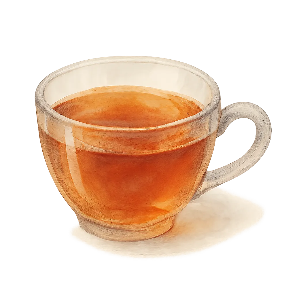 おしゃれセミリアルでかわいい紅茶｜ガラスのティーカップに注がれた紅茶は、やわらかな陰影と自然な光の表現で美しく透けて見えます。繊細な色合いと温もりを感じるタッチが、紅茶の深みと香りを想起させ、素材にも優雅な雰囲気を添えます。