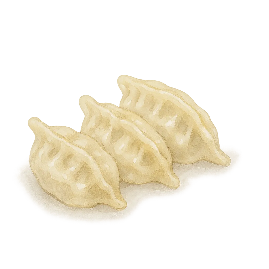 おしゃれセミリアルでかわいい水餃子｜もっちりとした半透明の皮に包まれた水餃子は、湯気としっとり感がやわらかい筆致で描かれています。光の反射によるみずみずしさが際立ち、上品で涼やかな雰囲気のある仕上がりです。