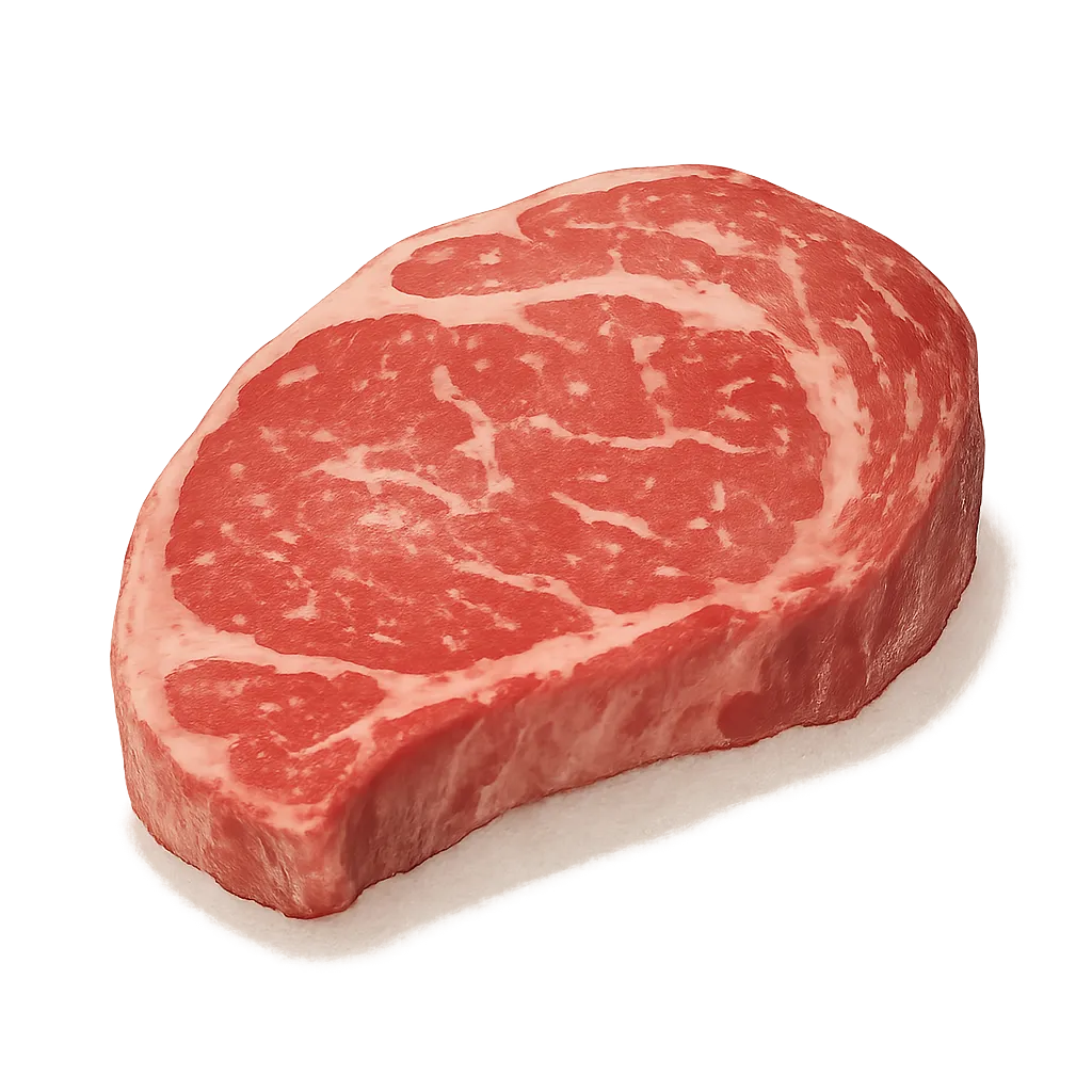 おしゃれセミリアルでかわいい牛肉｜赤身と霜降りのバランスが美しい牛肉は、濃淡のある色味と自然なツヤが丁寧に表現されています。やわらかい光に包まれて高級感と存在感を放つ、主役素材として仕上げられた一品です。