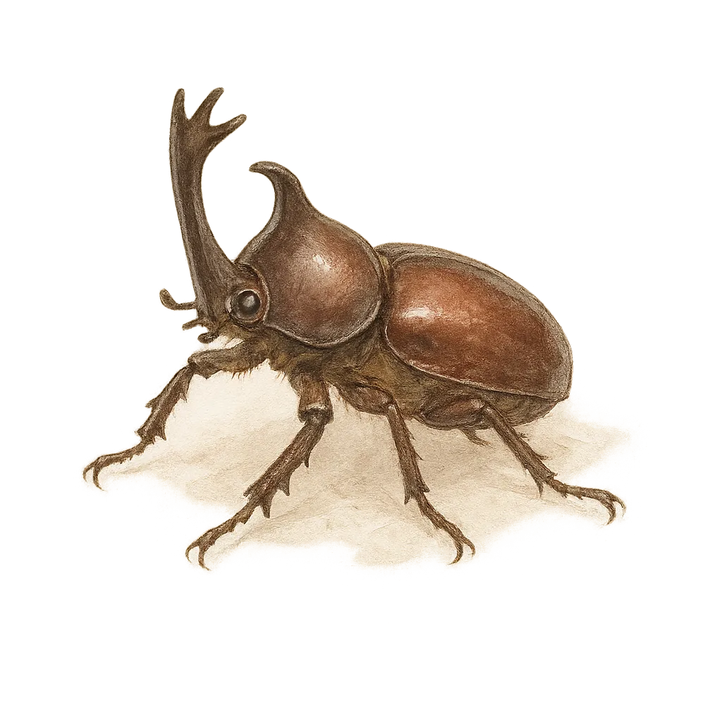 おしゃれセミリアルでかわいいカブトムシ｜つややかな茶色のボディに大きな角を持つカブトムシが、やわらかな光に照らされてリアルに描かれています。繊細なタッチで脚や羽のディテールも美しく、色の主役感が際立つ一枚です。