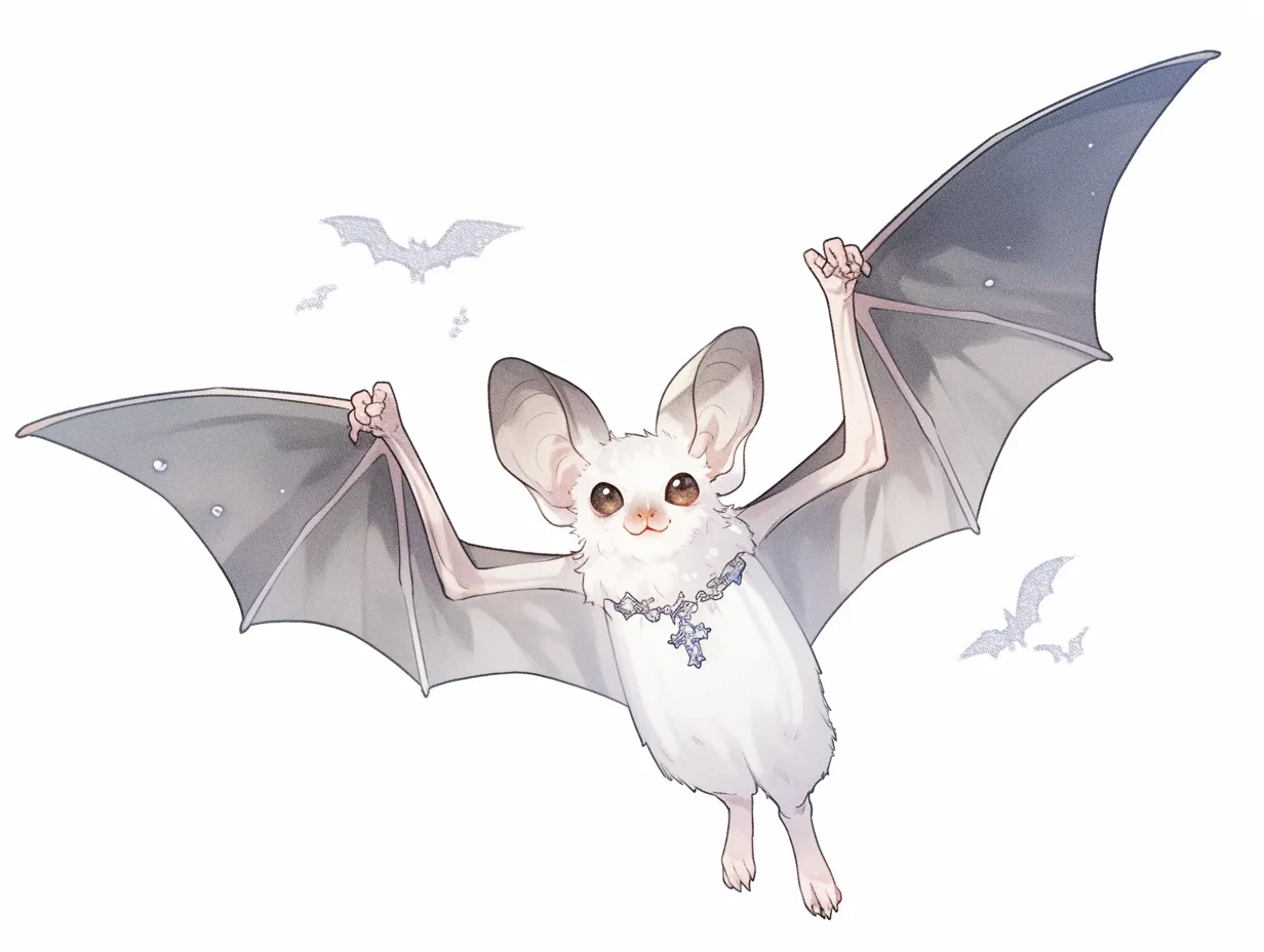 ハロウィンコウモリの飛翔｜大きく広げた翼とキラキラ光る装飾が印象的なハロウィンコウモリ。ふわふわの毛並みや愛らしい顔立ちが、不気味さよりも可愛さを強調する構図となっている。
