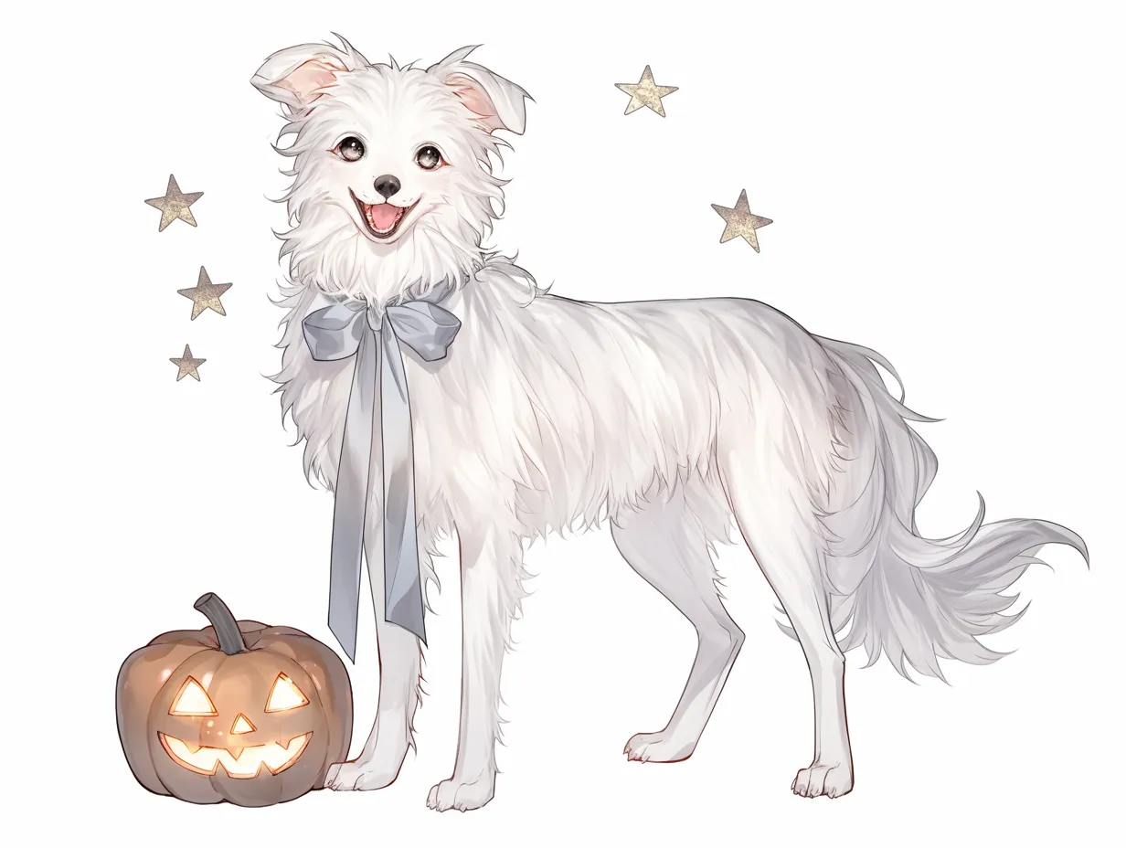 ハロウィン犬と星の夜｜ふわふわの白い毛並みと明るい笑顔が印象的なハロウィン犬のイラスト。光るカボチャときらめく星が夜の祝祭感を高め、青いリボンが清楚なアクセントに。