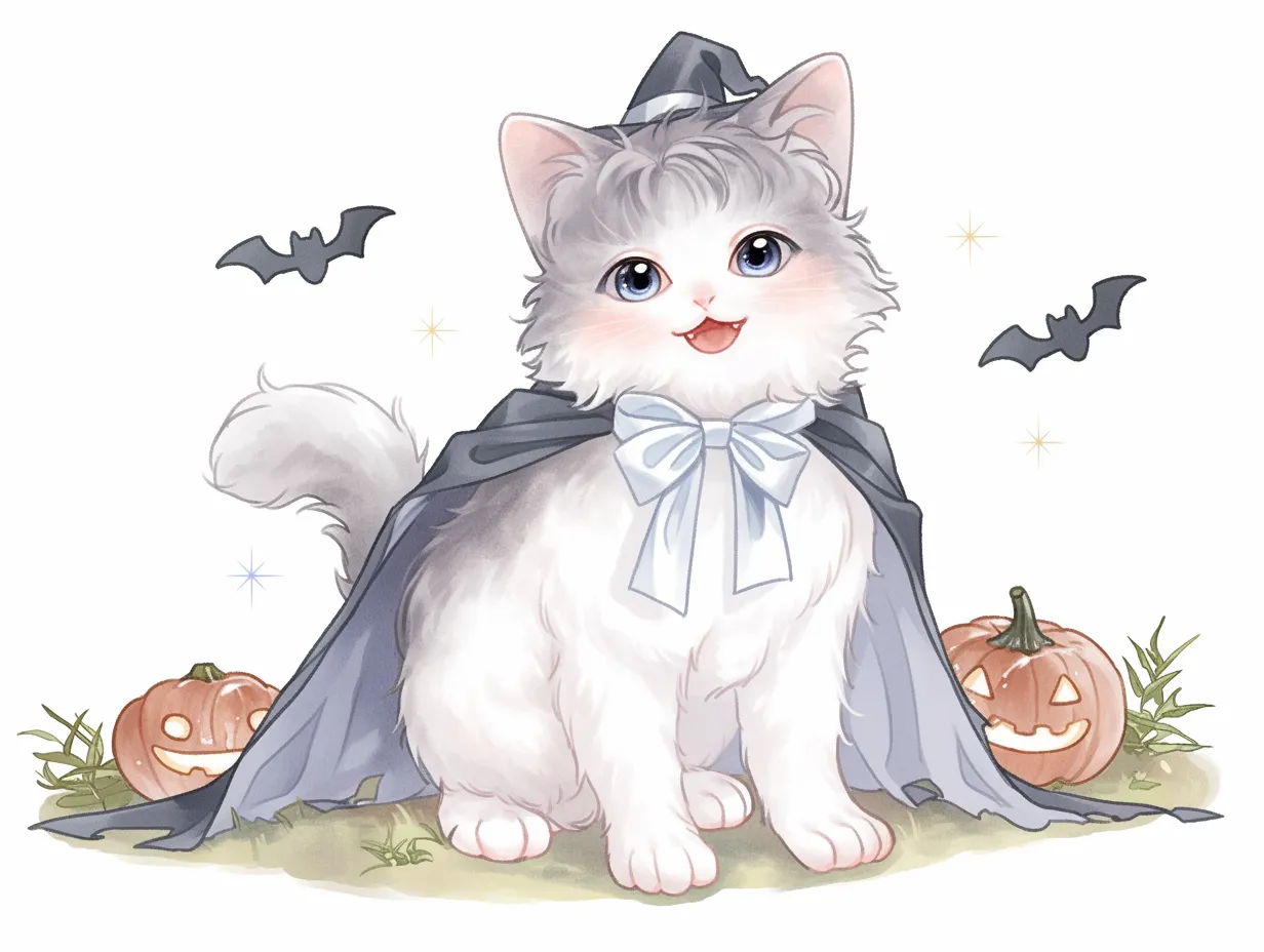 ハロウィン猫の魔法ごっこ｜マントと帽子でハロウィン気分を満喫する白猫の姿が愛らしい。背景に飛ぶコウモリとジャックオーランタンが雰囲気を盛り上げ、リボンの柔らかさが全体を優しく包み込む。