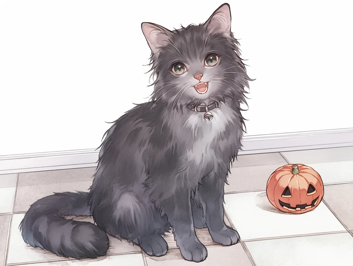 ハロウィン黒猫の微笑み｜落ち着いたトーンで描かれた黒猫が微笑みかけるように佇む姿が印象的。背景に小さなカボチャが添えられ、シンプルながらも季節感のある構成となっている。