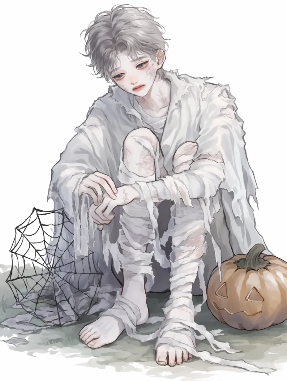 ハロウィンゾンビのひとやすみ｜包帯姿の少年が静かに座るハロウィンゾンビのイラスト。クモの巣やカボチャが演出する不気味さと、表情ににじむ哀愁が幻想的な空気を生み出している。