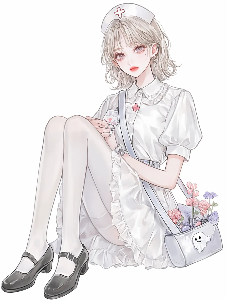 ハロウィンナースの白い装い｜白を基調としたナース服に小さなオバケのバッグがアクセントを加える。膝を抱えるようなポーズが穏やかな空気を生み、柔らかな花々が少しの優しさを添えている。