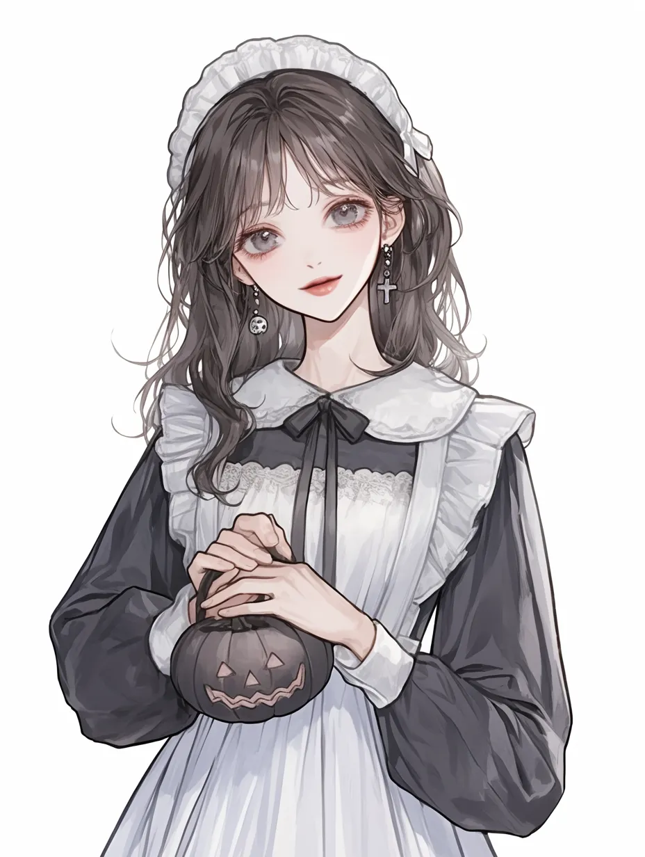 ハロウィンメイドのほほえみ｜クラシカルなモノトーンのメイド服にハロウィンの意匠が加わり、季節感ある魅力を演出。黒いカボチャの入れ物を両手に持つ姿が、可愛さとミステリアスさを両立させている。