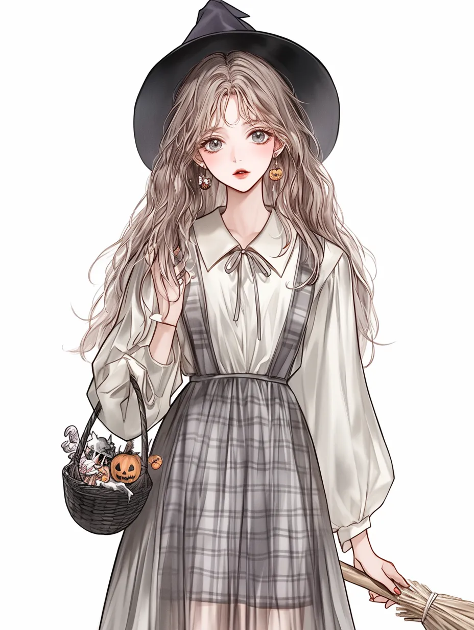 ハロウィン魔女の小さな冒険｜かごいっぱいのお菓子と魔女帽子が季節を彩る。チェック柄のジャンパースカートがナチュラルで、優しい魔女の雰囲気を感じさせる装いに仕上がっている。