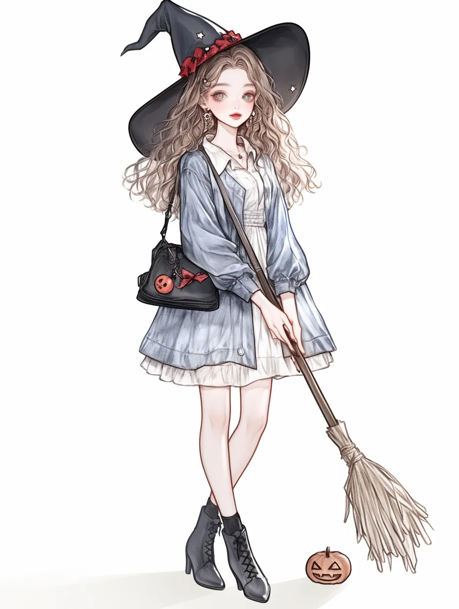 ハロウィン魔女の空想散歩｜赤いリボンのアクセントが映える帽子に、軽やかなワンピースと黒のバッグが魔女らしい装いを完成させている。ほうきを手に、静かに秋風を感じるひととき。