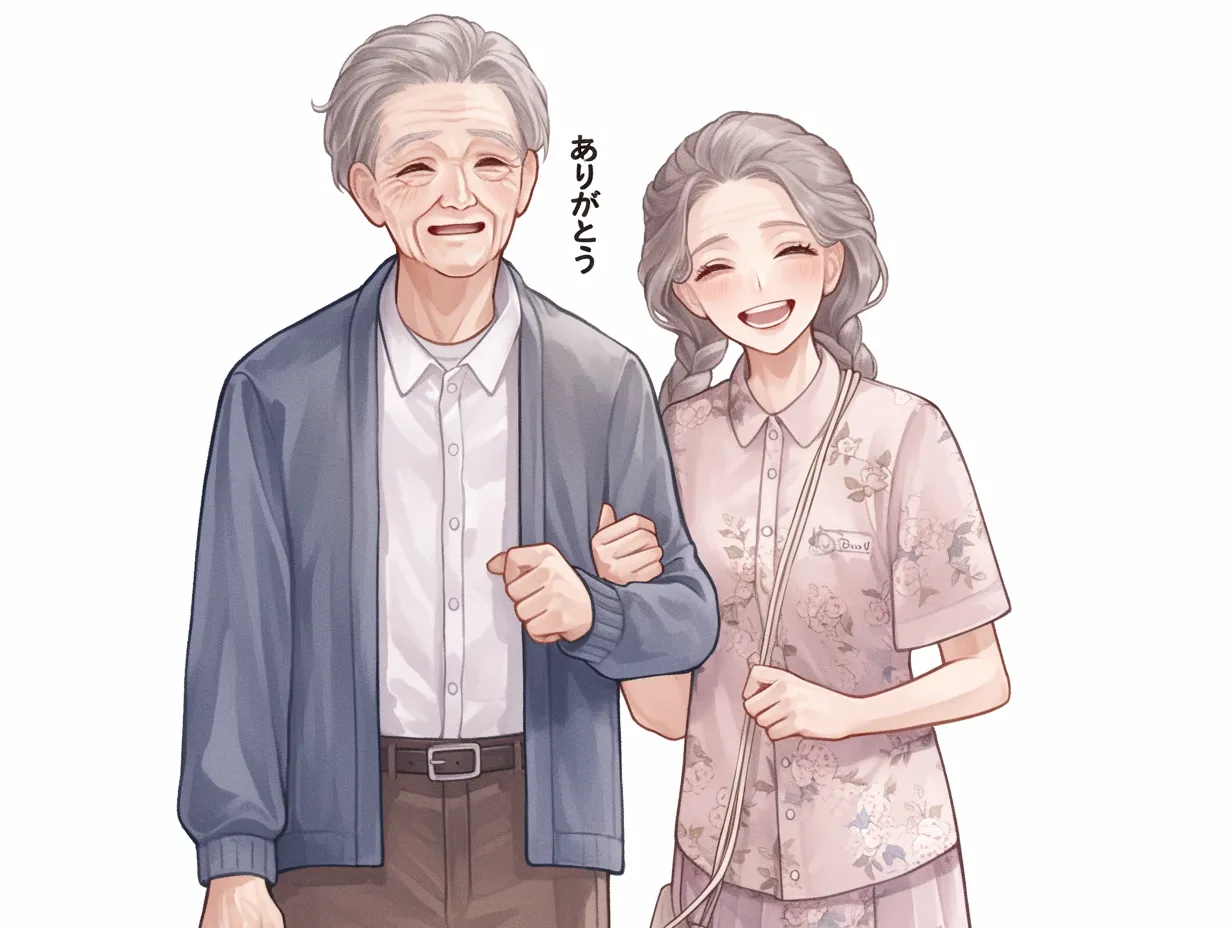 かわいい敬老の日の笑顔｜腕を組んで並ぶ老夫婦のやわらかな表情が、かわいい敬老の日にふさわしい温かさを届ける。花柄の服や「ありがとう」の文字が感謝の気持ちをそっと添えている。