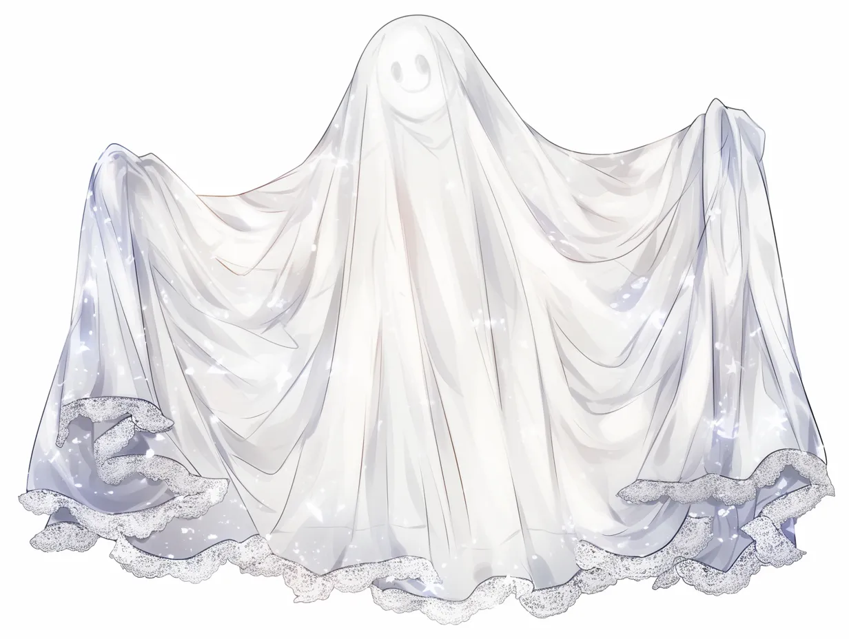 ハロウィンおばけのドレス｜きらめく布をまとったハロウィンおばけが、どこか上品でかわいらしい印象を与える。レースの縁取りやドレープの陰影が、幽霊らしさと華やかさを両立させている。