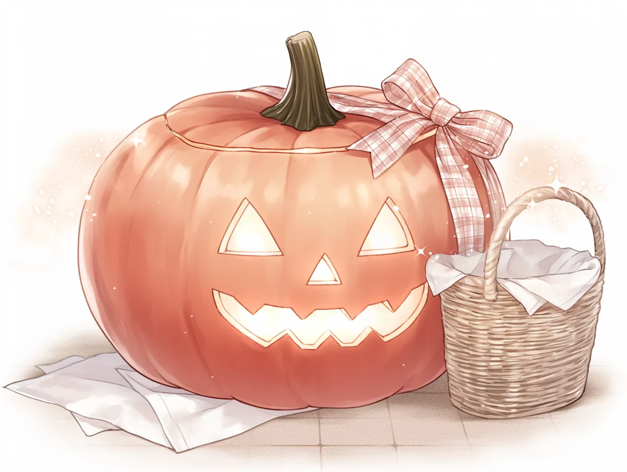 ハロウィンジャックオーランタン｜チェック柄のリボンとバスケットが添えられたハロウィンジャックオーランタンが、少し優しげな表情を見せる。背景のきらめきと小物の演出がかわいらしさを際立たせている。