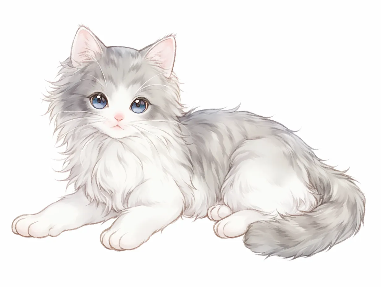 まどろむおしゃれかわいい子猫｜ふんわりとした毛並みと透明感のある瞳が魅力の「おしゃれかわいい子猫」。やわらかなライティングと丁寧な筆致が、優しく静かな空気感を演出しています。