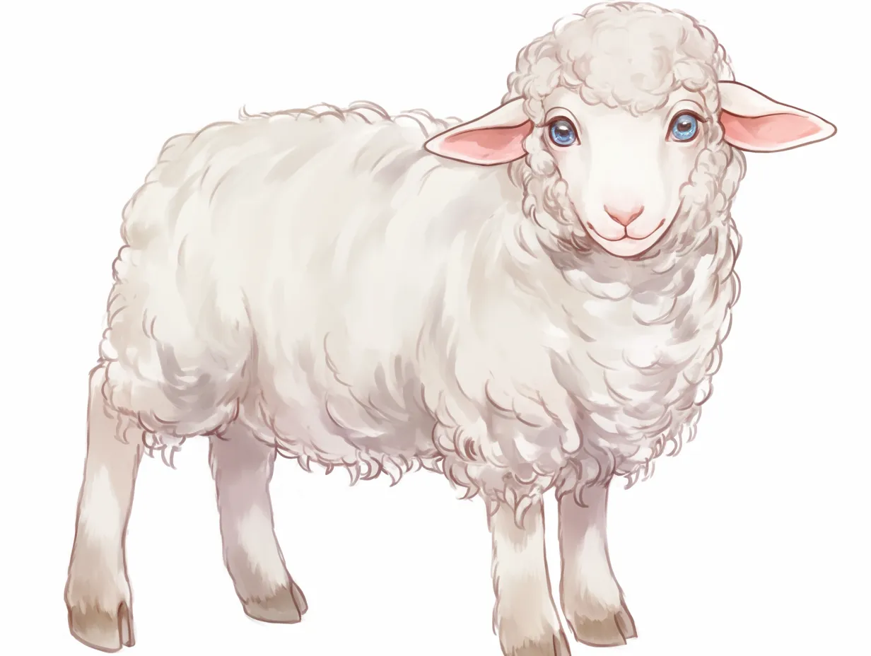 おしゃれかわいいひつじのもこもこ微笑み｜やわらかそうな巻き毛に包まれたひつじが、穏やかに微笑むセミリアルなイラスト。透明感ある瞳と繊細な陰影が調和し、おしゃれかわいいひつじの純粋であたたかな魅力を引き立てている。