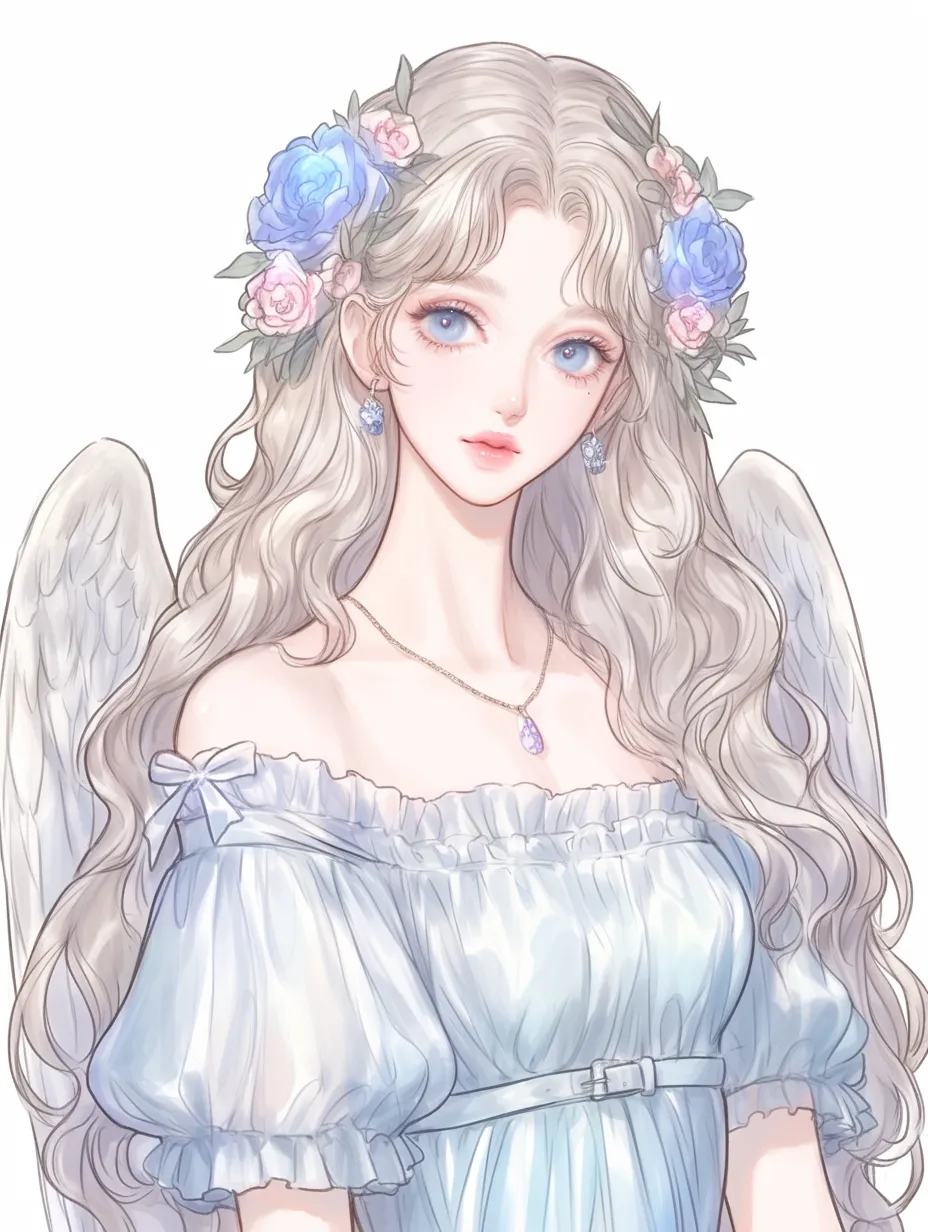 おしゃれめがみと青薔薇のまどろみ｜淡いブルーのドレスと透ける羽根が幻想的なかわいいめがみ。花の冠と清らかな表情が、おしゃれな癒しの光を感じさせる繊細な一枚。