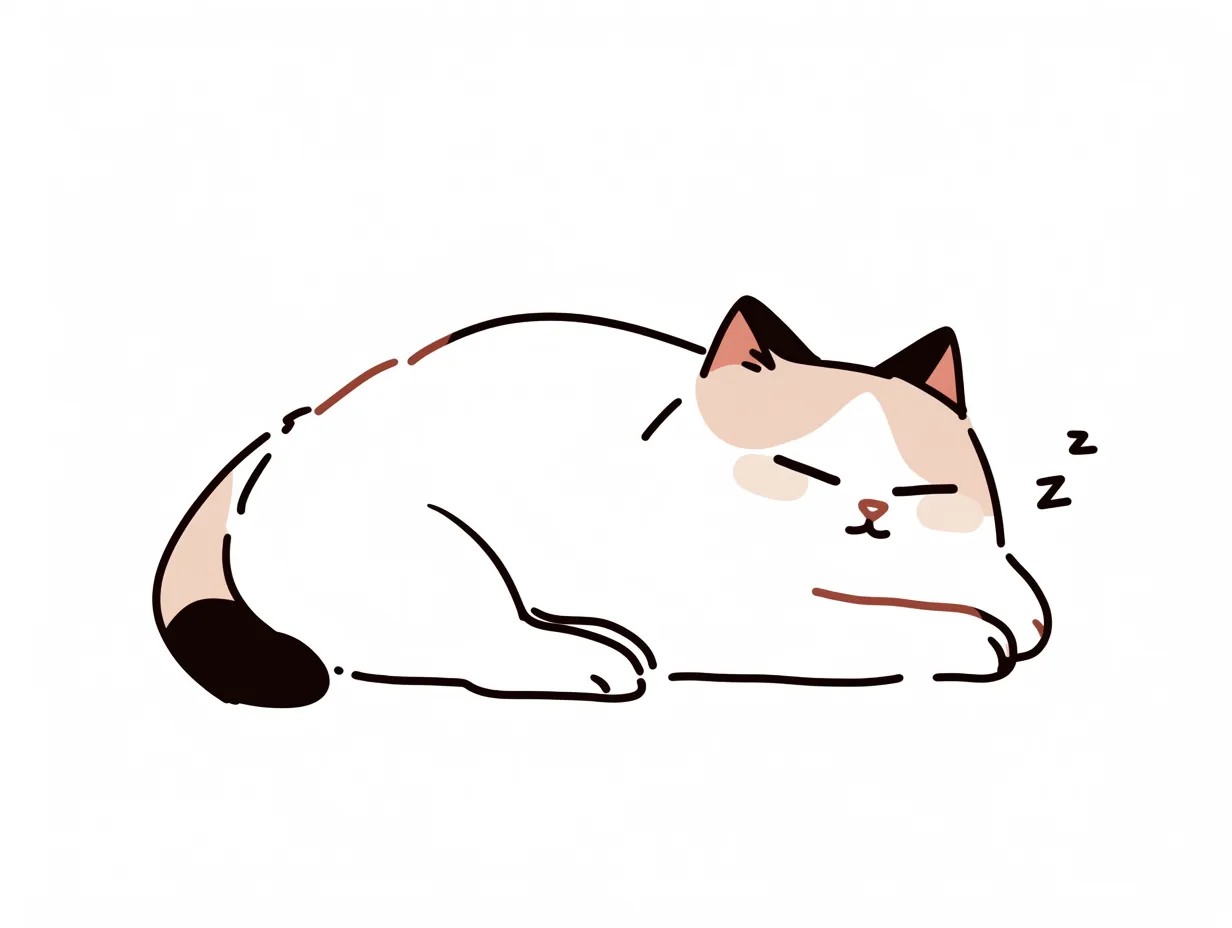 寝てる猫（白と茶の模様）｜シンプルな線と柔らかい色使いが特徴のイラストで、リラックスした雰囲気を醸し出している。寝てる猫の丸みを帯びたフォルムが心地よさを感じさせるデザインになっており、穏やかで優しい印象を与える。