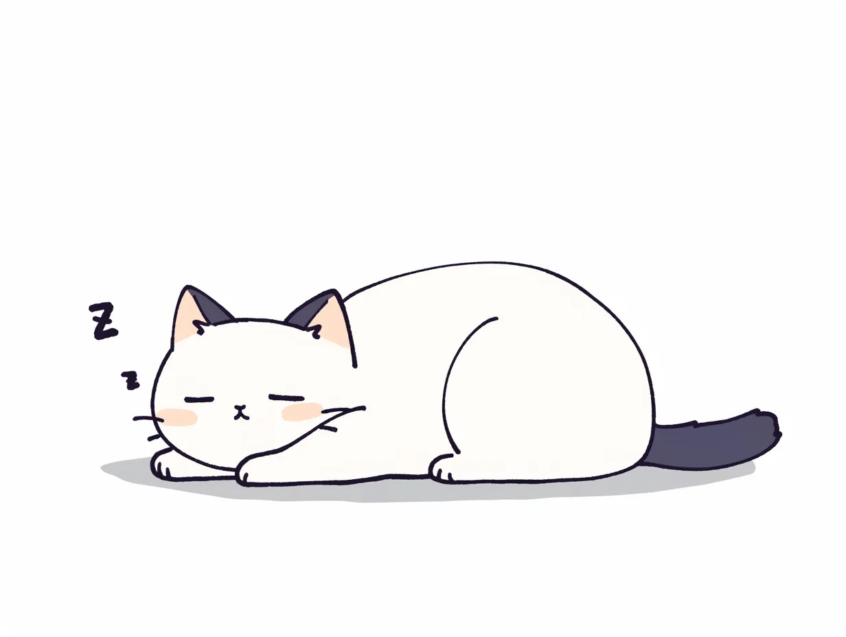 寝てる猫（白と黒の耳）｜やわらかな線と淡い色合いが魅力のイラスト。静かに眠る表情が愛らしく、寝てる猫の落ち着いた雰囲気が伝わる。背景の影が立体感を加え、シンプルながらも奥行きを感じさせるデザインになっている。