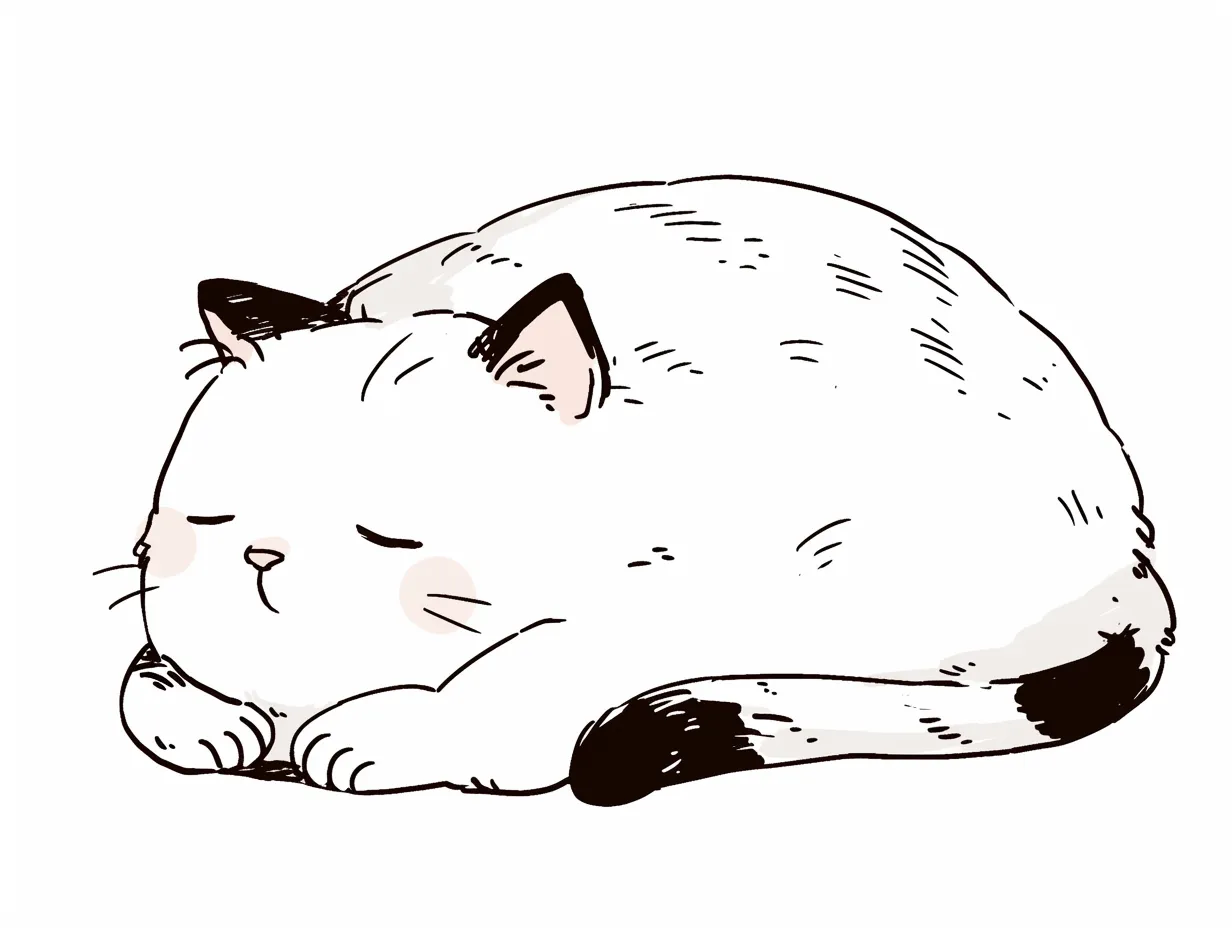 寝てる猫（白と黒の模様）｜手描き風のタッチが温かみを感じさせるイラスト。毛並みの質感が柔らかく表現されており、寝てる猫ののんびりとした空気が伝わる。優しい表情がリラックスした空間を演出している。