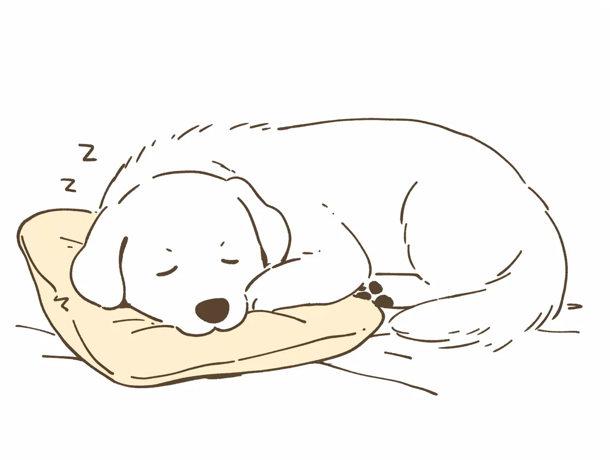 クッションで眠る白い犬｜クッションの上でリラックスする犬が、暖かみのある淡い色合いで描かれている。寝てる犬の安心した姿が愛らしく、ほのぼのとした優しい雰囲気を醸し出している。