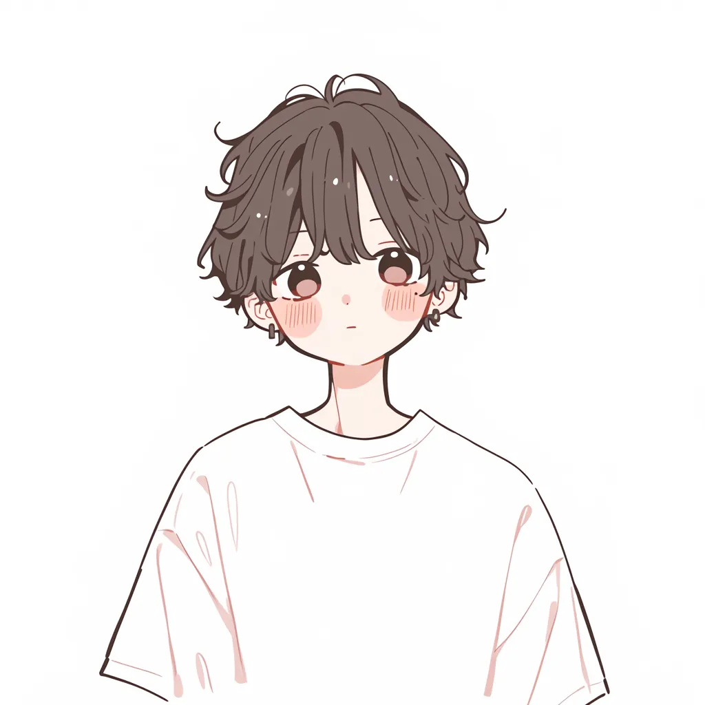 ゆるふわ系イケメンのイラスト｜くせ毛まじりのやわらかな髪型とナチュラルな表情が特徴のイケメンイラストです。落ち着いたトーンで親しみやすく、どこか中性的な魅力が漂います。