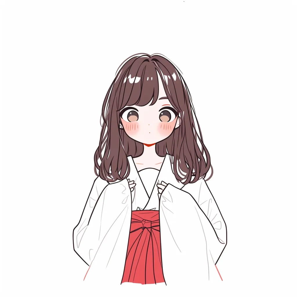 ゆるいかわいい巫女の女の子｜伝統的な巫女装束をまとったかわいい女の子。清楚な白と赤の色合いが印象的で、やわらかなタッチとゆるい微笑みによって、神秘的で優しい雰囲気が漂っている。