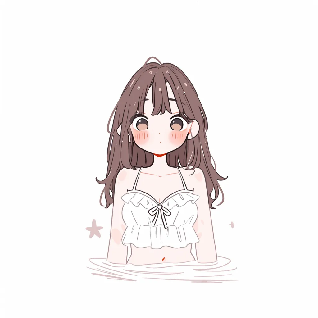 ゆるいかわいい水着の女の子（海）｜水に浸かる姿が爽やかで、フリル付きの水着が印象的。やさしいタッチで描かれた背景と人物が調和し、夏のゆるい空気感とかわいい雰囲気を感じさせる。