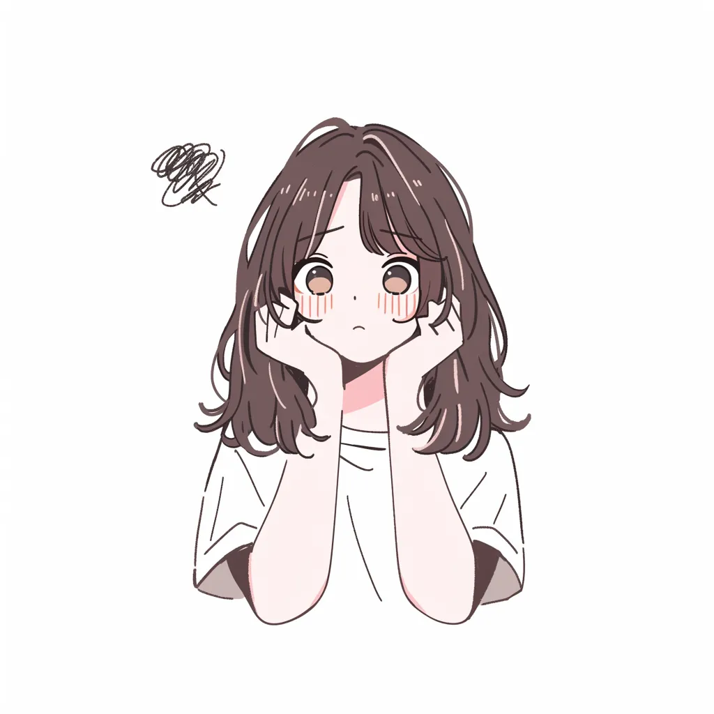 かわいい悩む女の子のぼんやり｜ダスティカラーと自然な陰影でまとめた悩む雰囲気のかわいい女の子。両頬に手を添える仕草と曖昧な表情が、考えすぎて疲れたような内面のもやもやを静かに語りかけてきます。