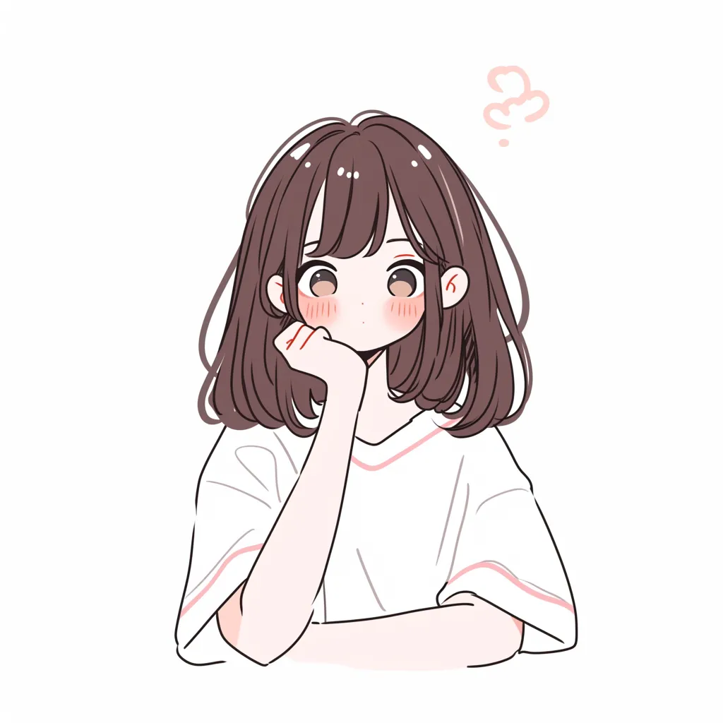 かわいい仕草で考える女の子｜淡い色合いとやわらかい線で描かれた、腕をついて頬杖をつく女の子のイラスト。ややはにかんだ表情が印象的で、控えめながらも感情が伝わる構図。「考える」動作を「かわいい」雰囲気で演出するシンプルなポーズと白Tシャツが、親しみやすさを醸す。