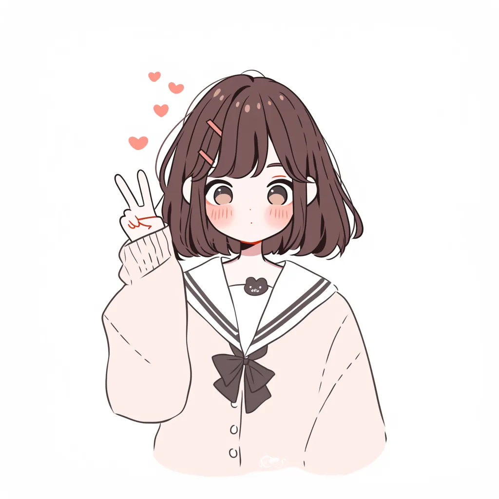 かわいいピースサインの女の子｜制服姿の女の子が笑顔でピースを決めたポーズが印象的な一枚。髪飾りや袖の長さがやわらかい印象を引き立て、かわいい雰囲気の中に自然な親しみやすさと元気さが感じられる仕上がり。