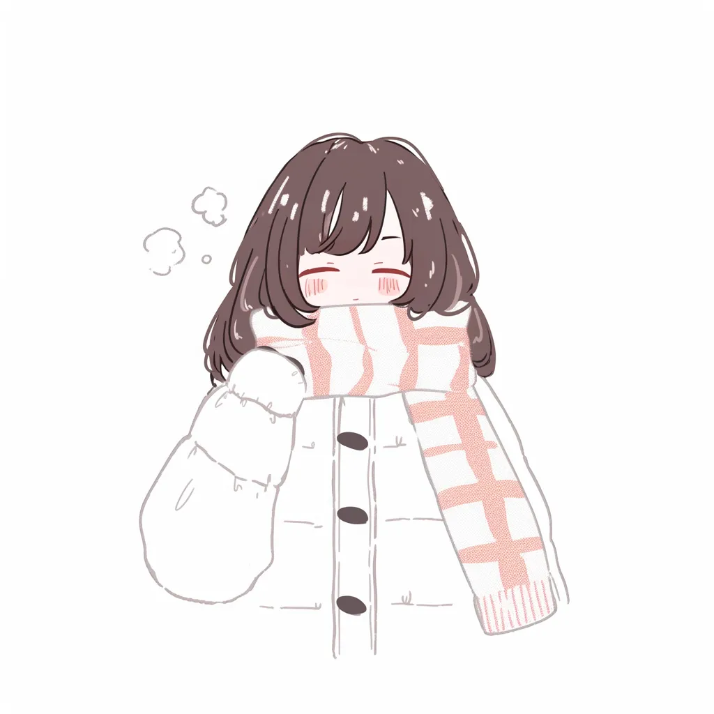 寒さに包まれたかわいい女の子｜ふわふわとした質感の厚手コートとチェック柄マフラーが目を引く、冬の装いの女の子。ほんのり赤らんだ頬や息の白さが寒い空気を感じさせながらも、閉じた目元と微笑む表情がやさしい雰囲気を演出。全体的に柔らかくてかわいい印象に仕上がっている。