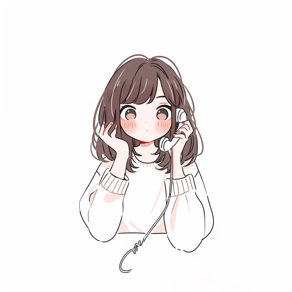 電話をするかわいい女の子｜レトロな受話器を手にした女の子が、頬を赤らめながら会話を楽しんでいる様子をやさしい線と柔らかい色合いで描写。机に肘をついた自然な姿勢と、ふんわり揺れる髪が魅力的。電話越しの声に反応する表情がとてもかわいい印象を与える。