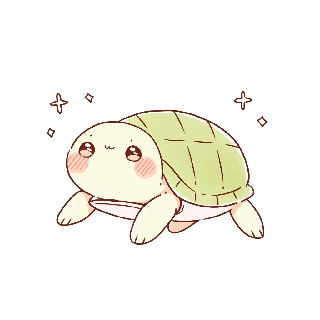 ゆるいかわいいカメのにっこりおさんぽ｜丸い甲羅と大きな瞳が特徴のカメが、ほっこり笑顔でゆっくりと歩く様子が描かれています。パステル調のグリーンとクリーム色が穏やかな印象を与え、全体にゆるいかわいい雰囲気が漂っています。