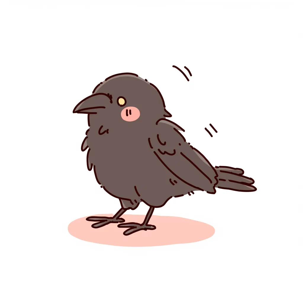 ゆるいカラスのぽてぽてさんぽ｜くりっとした目とほっぺの赤みが印象的なかわいいカラス。全体のバランスが絶妙で、控えめな動きと丸っこさがゆるい癒しを運んできてくれる。