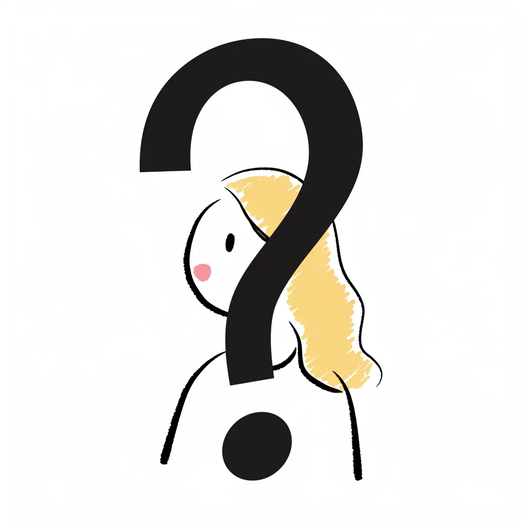 おしゃれはてなガール｜シンプルな線画で描かれた女性の顔に、大きなクエスチョンマークが重なるユニークなデザイン。髪の柔らかなタッチが優しい雰囲気を演出しながらも、おしゃれはてなな印象を強調。考え事をしているような表情が印象的なアイコン。
