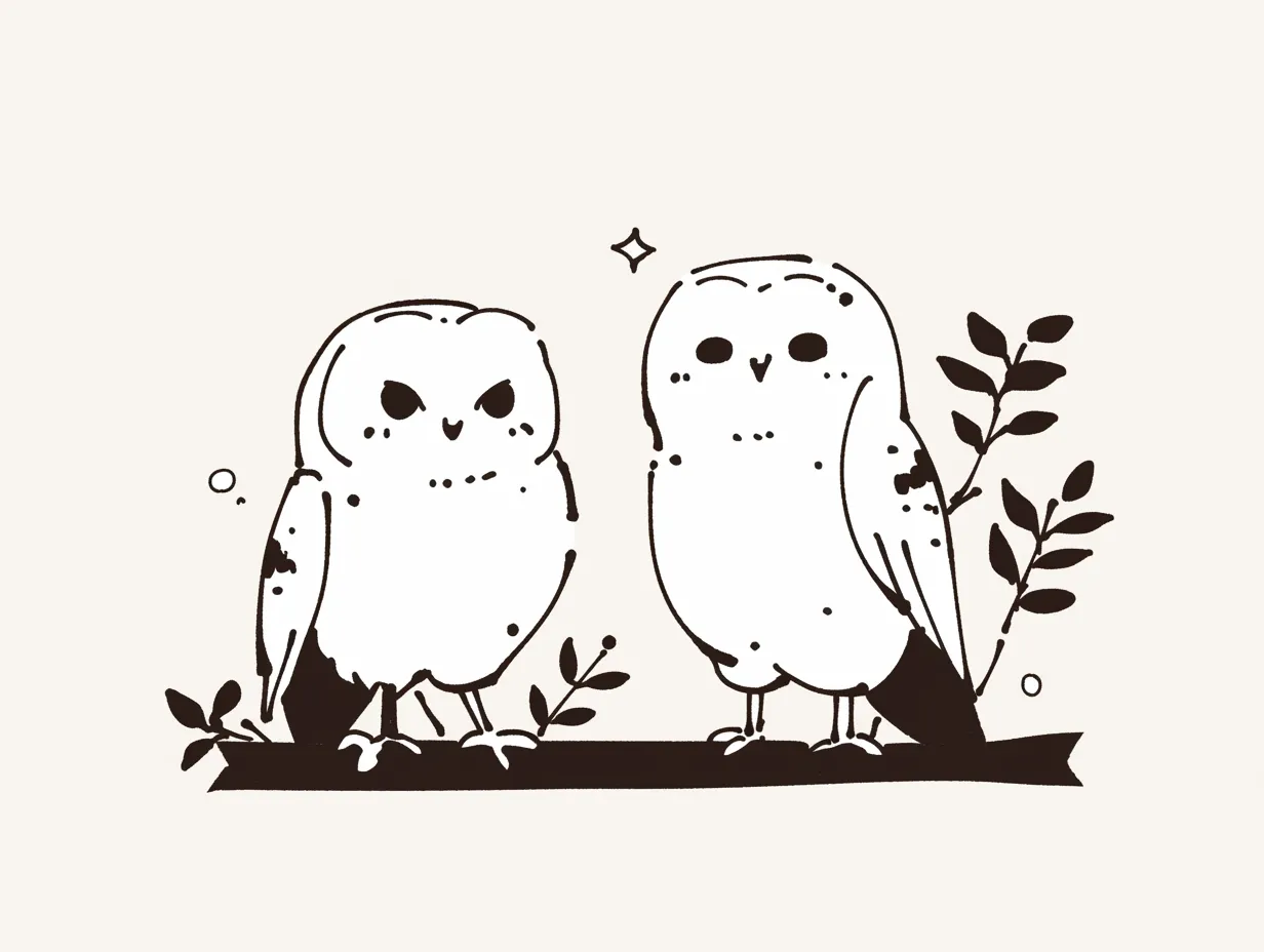 おしゃれフクロウたちの枝上トーク｜モノクロでシンプルに描かれた2羽のフクロウが、植物に囲まれながら並ぶ構図。装飾を抑えたミニマルデザインが、おしゃれな静けさを醸し出しています。