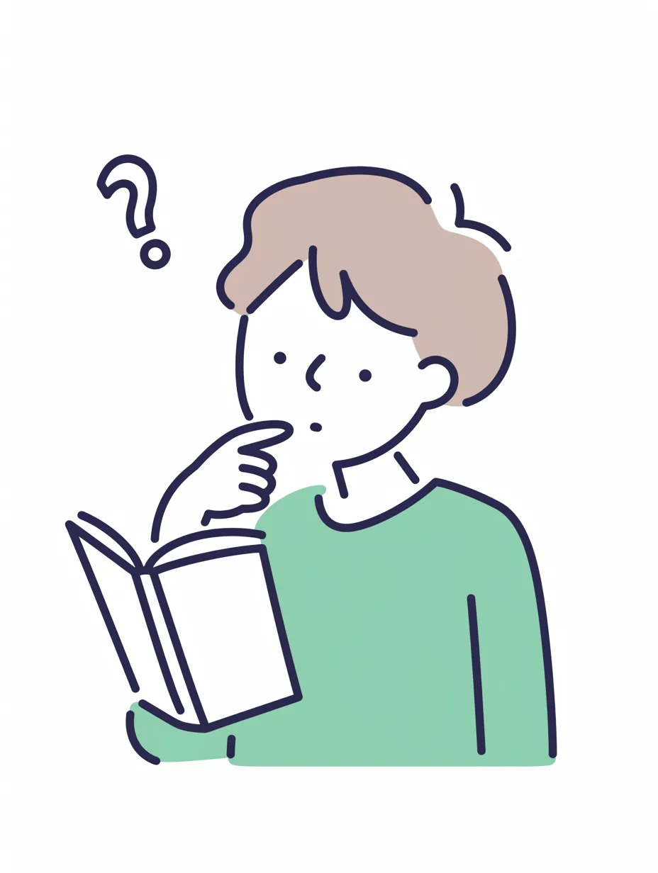 おしゃれ考える読書中の少年｜カジュアルなタッチと淡い色彩が特徴のイラスト。落ち着いた緑色のトップスが、知的で穏やかな印象を与えている。手にした本をめくりながら、どんなスタイルがいいのかおしゃれ考える姿がシンプルに描かれており、穏やかな雰囲気が漂っている。