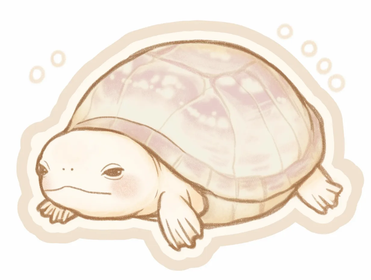 おしゃれな淡色カメのふんわりイラスト｜淡く柔らかい色彩で描かれたカメが、穏やかで優しい雰囲気を醸し出している。スモーキーなタッチとほのかな光の反射が、おしゃれで幻想的な印象を与えるデザイン。