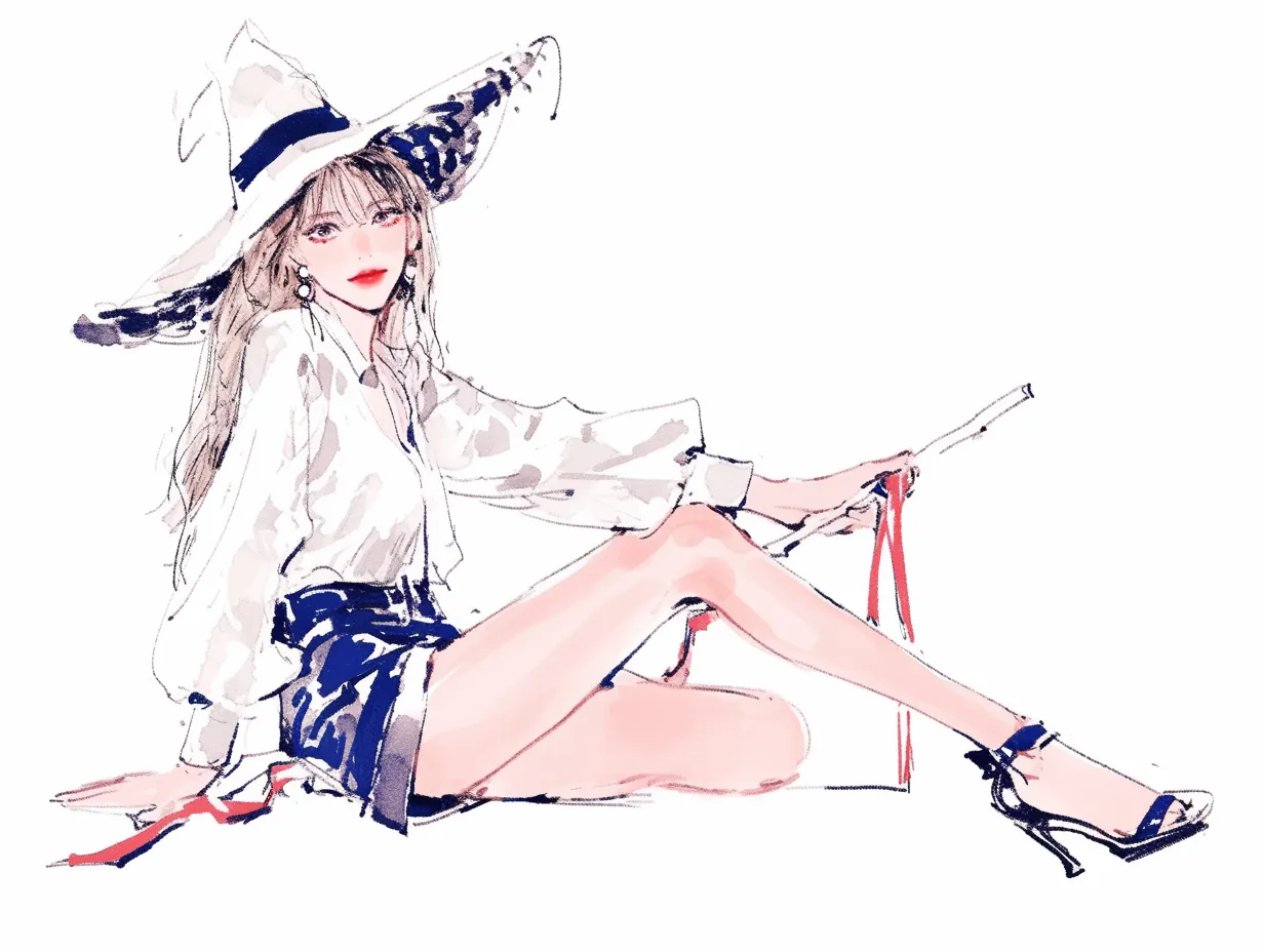 洗練された都会のおしゃれ魔女｜白とネイビーを基調にした洗練されたスタイルが魅力的な、おしゃれ魔女。ファッショナブルな大きな帽子とハイヒールが、魔女らしさと都会的なエレガンスを融合させている。ほうきを手にしながら、余裕のある笑顔が印象的な姿が目を引く。