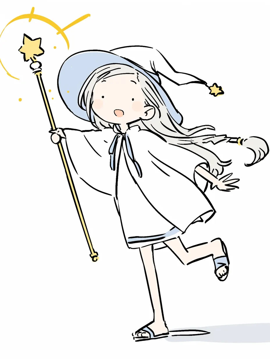 軽やかに舞うおしゃれ魔法使い｜白と青を基調とした軽やかな衣装をまとい、星のついた杖を手に舞い踊る少女。ふわりと流れる髪と楽しげな表情が、自由奔放な雰囲気を演出している。おしゃれ魔法使いとしての個性が際立つ、幻想的で美しいイラスト。