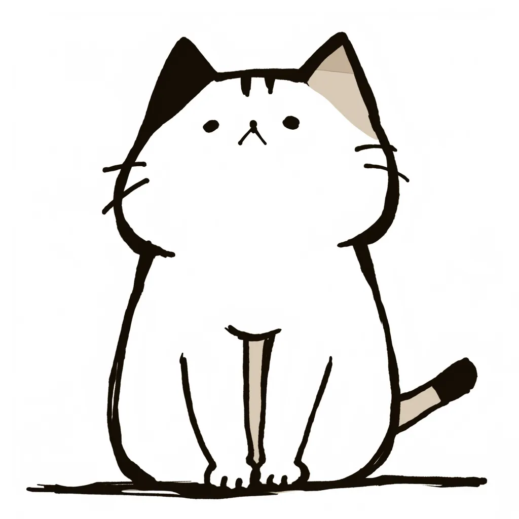 考える猫と堂々としたハチワレ猫｜ハチワレ模様の猫が、どっしりとした姿勢でじっと前を見つめながら考えている。太めの線とシンプルな配色が、存在感のあるデザインを引き立てている。考える猫の静かな表情と堂々とした姿勢が、落ち着いた雰囲気を演出している。