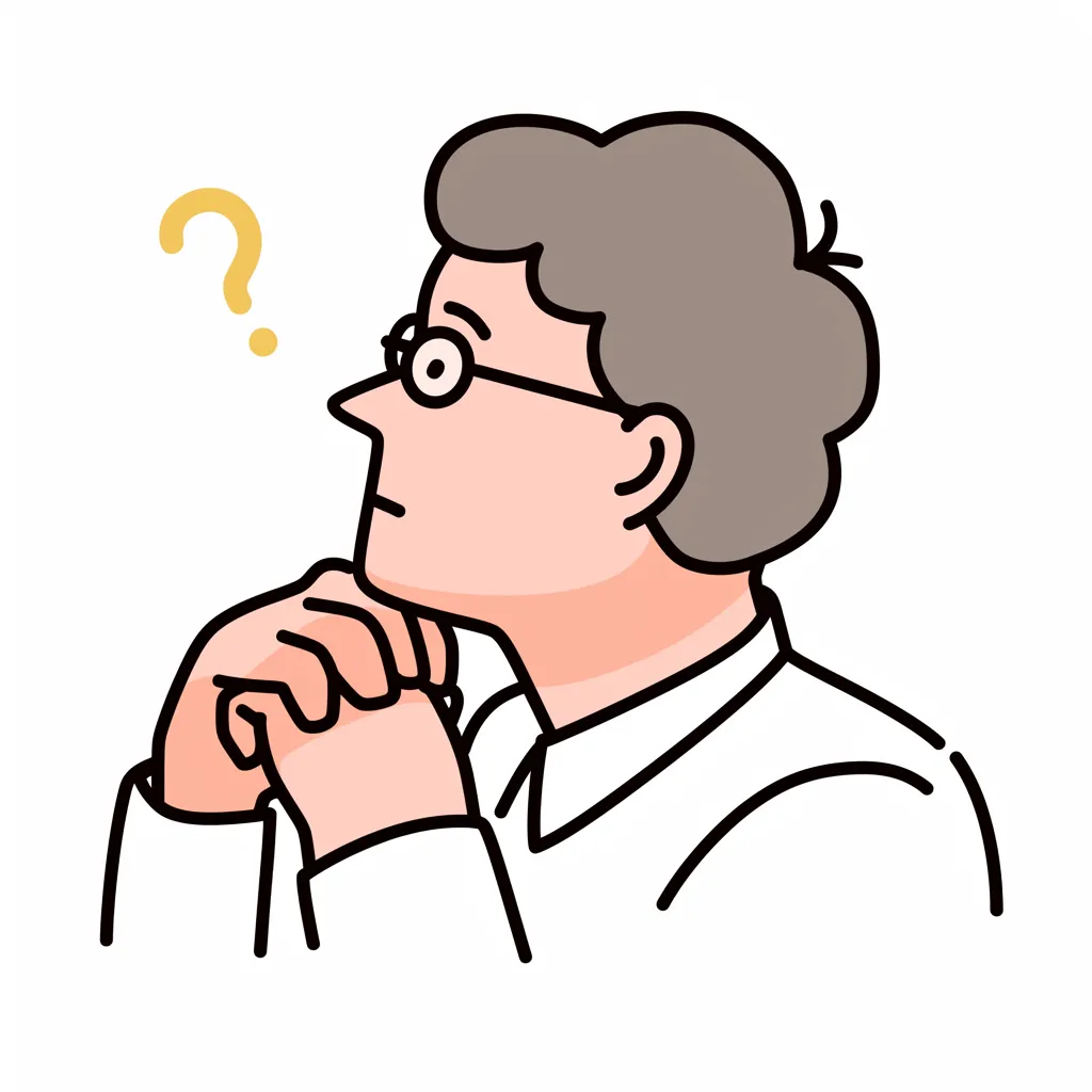 考える男性と丸眼鏡の知的な雰囲気｜丸眼鏡をかけた男性が横を向きながら考えている姿が特徴的なイラスト。落ち着いた線とシンプルな色使いが、考える男性の知的な印象を際立たせている。クエスチョンマークが控えめに配置され、静かに思索を巡らせる雰囲気が伝わるデザインになっている。