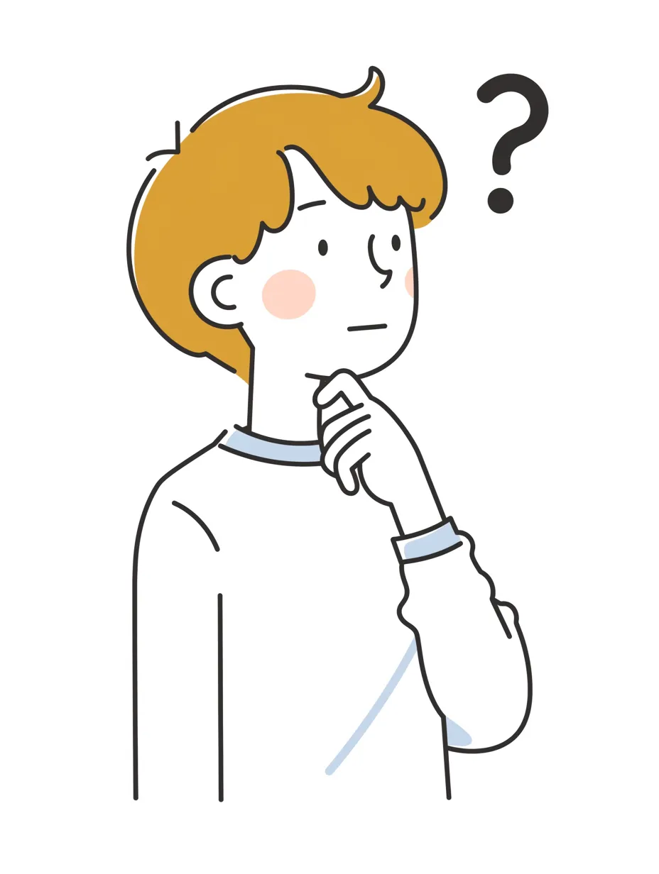 考える男性とミニマルな線画｜淡い色合いのシンプルな線画で描かれた、考える男性のイラスト。丸みのある輪郭ややわらかいタッチの線が、穏やかで親しみやすい雰囲気を演出している。シンプルなデフォルメスタイルが特徴で、クエスチョンマークが軽やかに配置されている。考える男性の表情は落ち着いており、思慮深い印象を与えるデザインになっている。