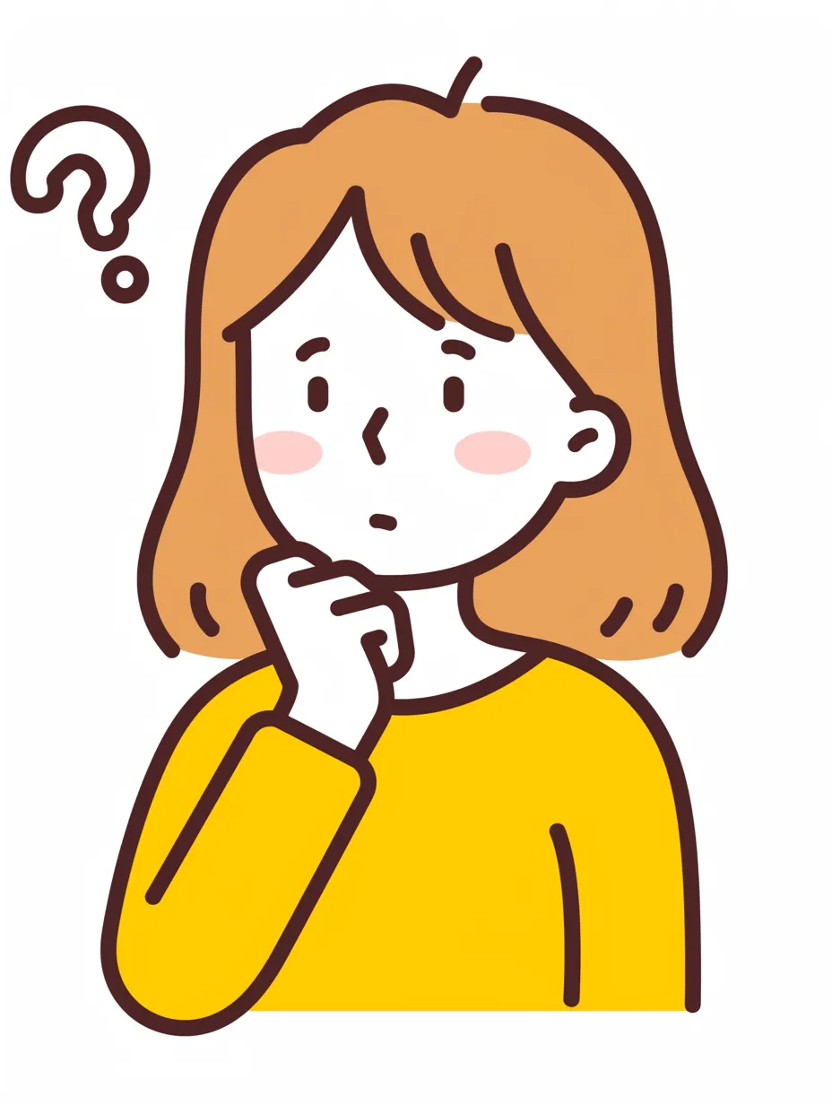 ちょっとした疑問を抱く考える女性｜親しみやすい丸みのある線と淡い色合いが、優しく穏やかな雰囲気を作り出している。考え込むポーズと顔の表情が、日常のちょっとした疑問を抱えた瞬間を自然に表現。全体的にシンプルなデザインながら、親しみやすさを感じさせるキャラクターの魅力が伝わるイラストになっている。